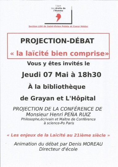 Projection-débat : « la laïcité bien comprise » le 7 mai à Grayan et l'Hôpital